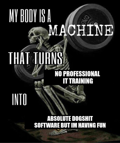 my body is a machine that turns not professional IT training into absolute dogshit software but im having fun